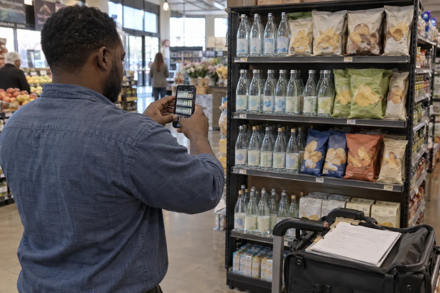 A retail field worker photographing a completed store display A retail field worker photographing a completed store display