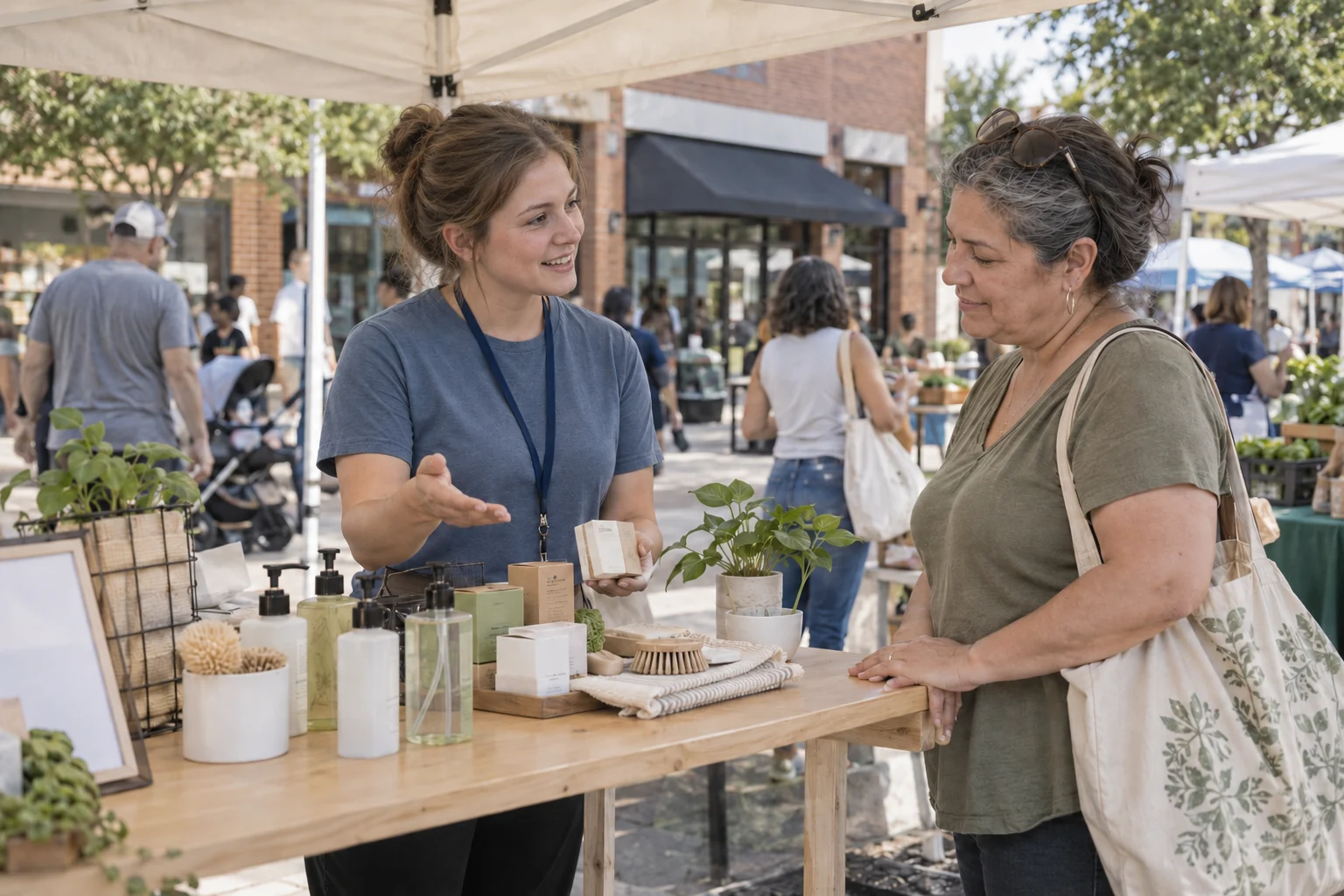 An event representative discussing products with a customer at a community market