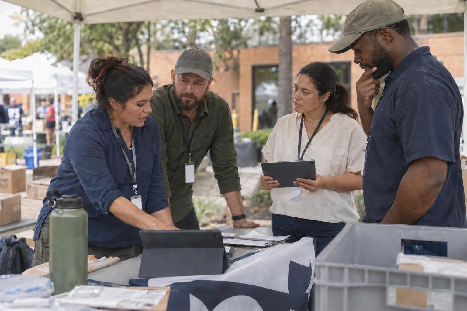 Four field team members reviewing their event plan together, with a colleague holding a tablet